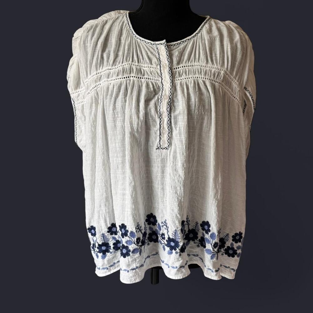 max studio embroidered whimsical top sz L blue floral folk romantic boho peasant - Picture 2 of 8